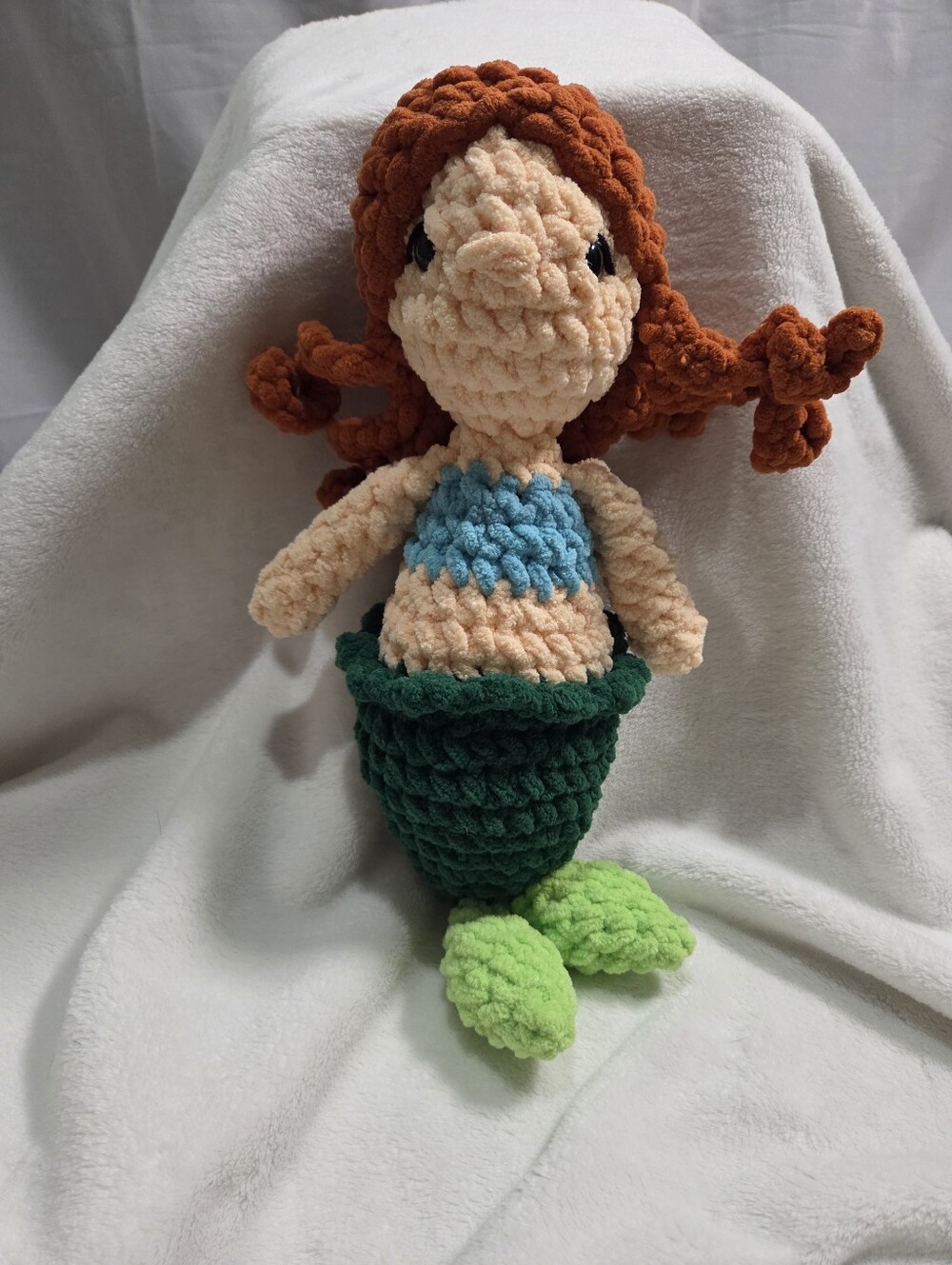 Plush Crochet Mermaid Doll - Green Tail, Blue Top